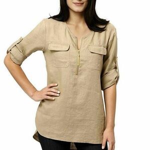 NWT Ellen Tracy Linen Roll Tab Tan Tunic Sz M